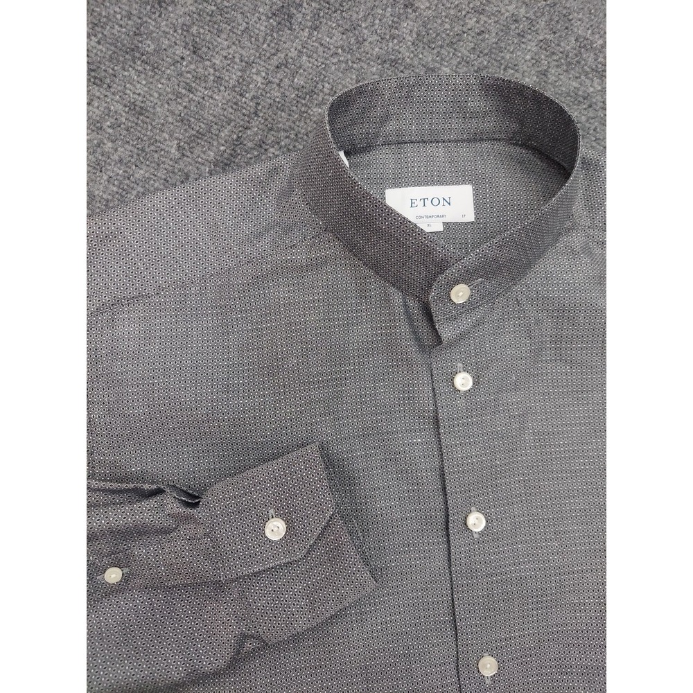 Eton Shirt Men XL Gray Diamond Print Contemporary Band Collar Long Sleeve Button